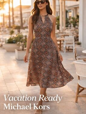 Michael Kors Sleeveless Printed Midi Dress Size M Boho Spring Summer Fit Flare